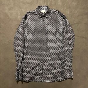 Eton Slim Fit Button Down Shirt Mens 16 41 Navy Blue Geometric Floral Twill L